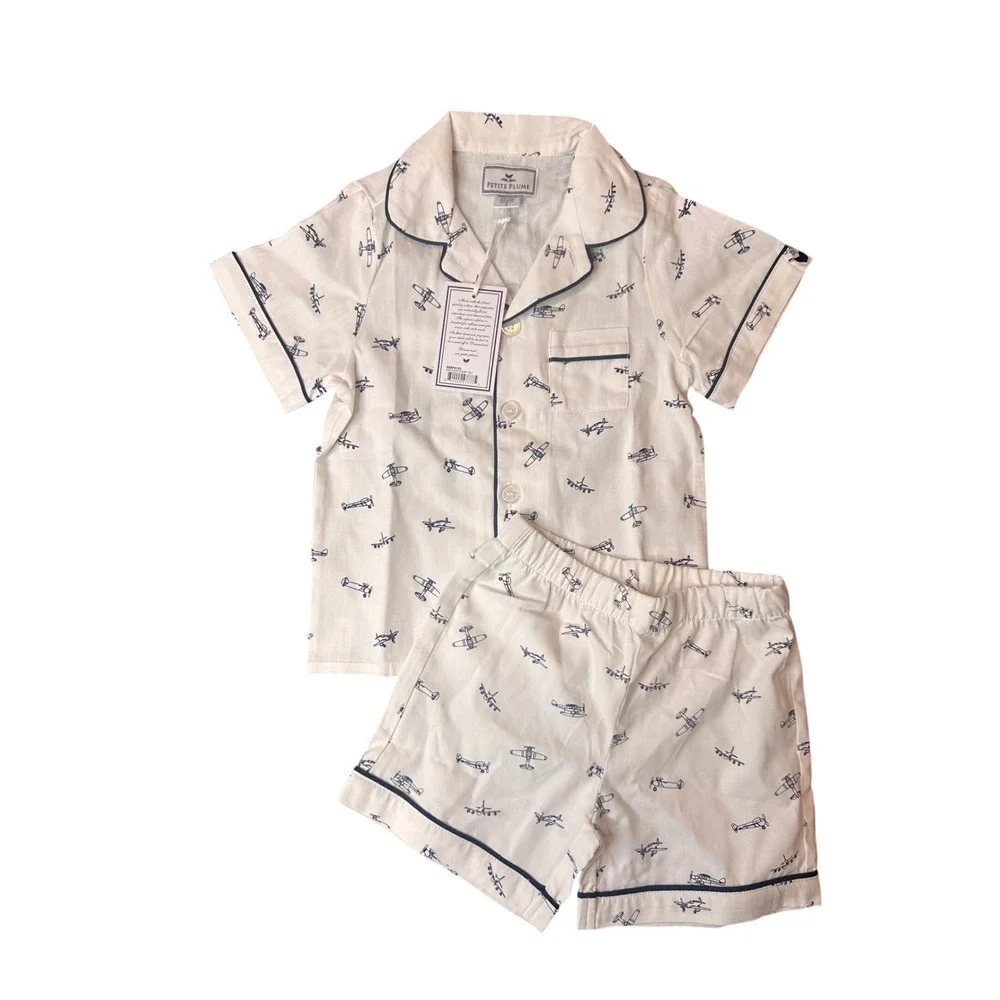 Petite Plume Boys Par Avion Airplane Short Pajama Set White Navy SSSPA102 Size 2
